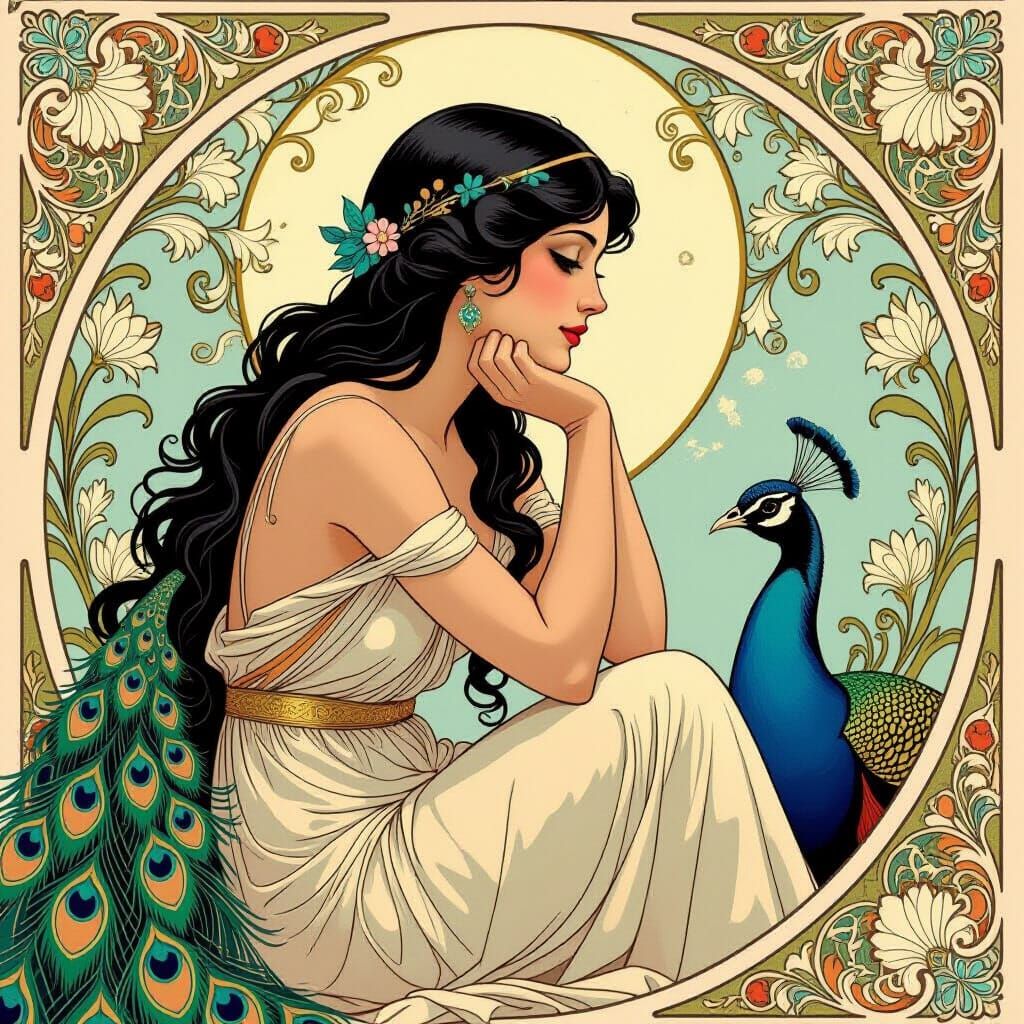Art Nouveau Aphrodite with Peacock