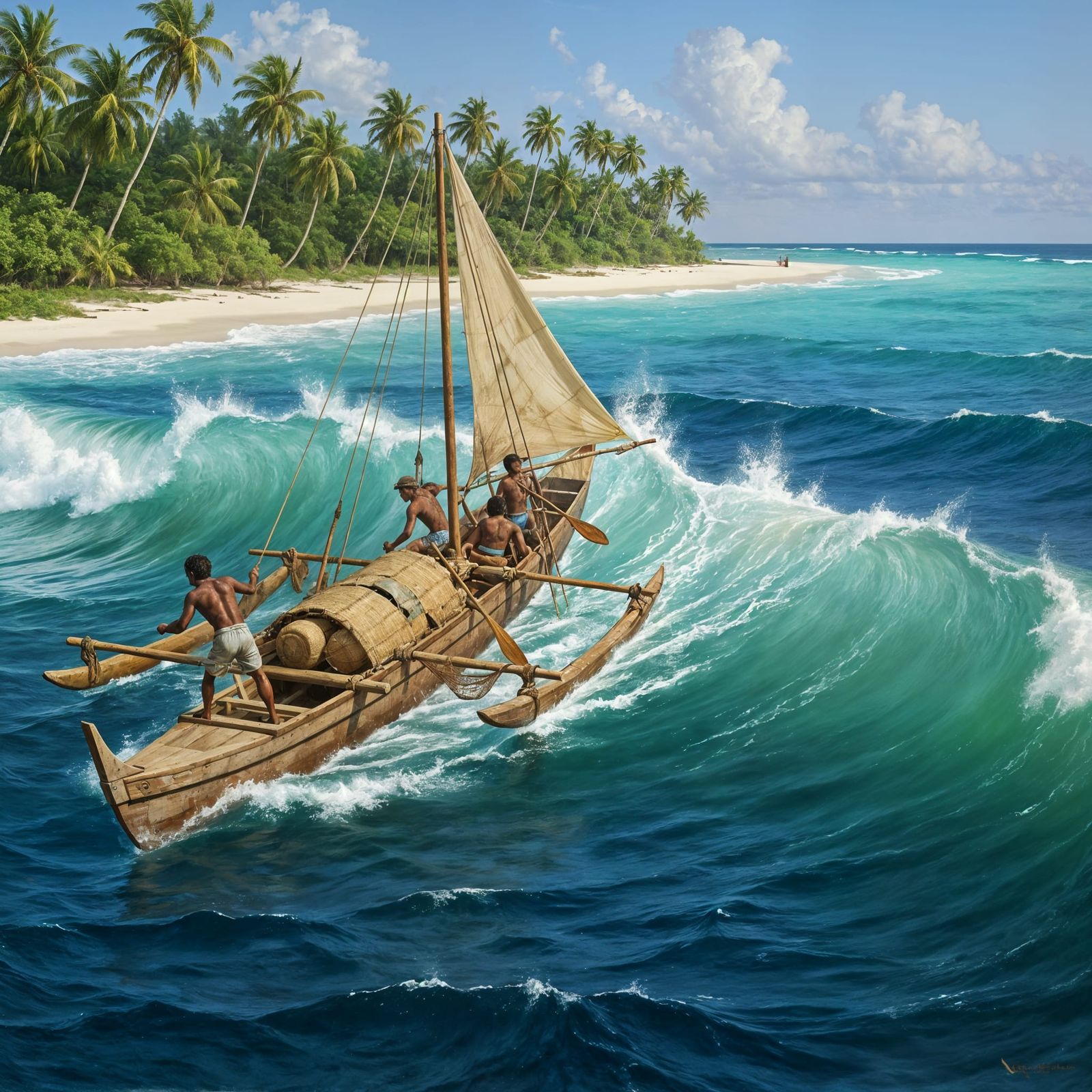 Hudson River School Atoll Canoe Navigation Painting