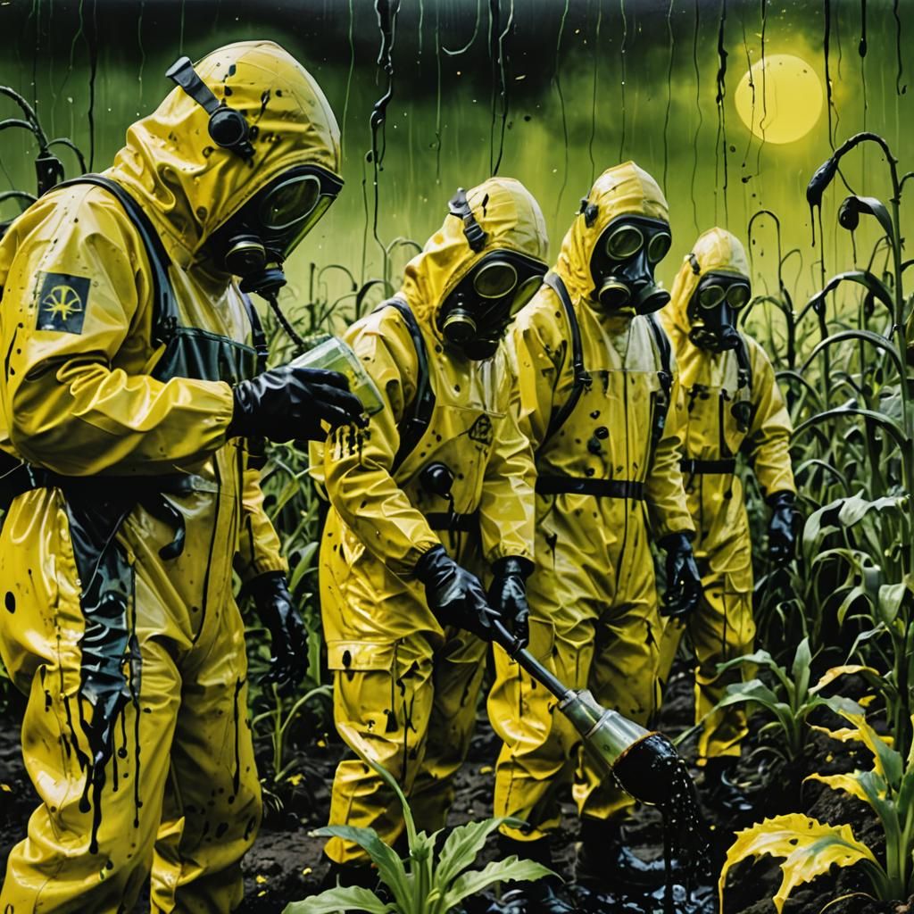 Surreal Dystopian Hazmat Suits Pouring Toxic Liquid