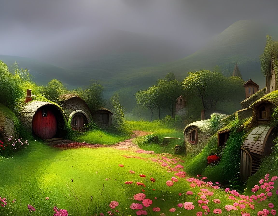 Idyllic Hobbit Village in Lush Countryside