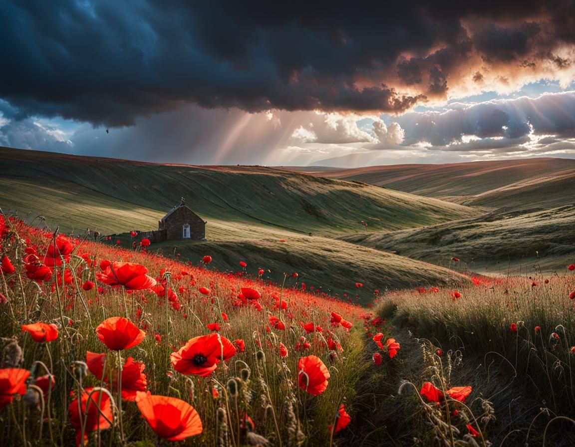 Ethereal Poppy Field Under Storm, Dramatic Lighting