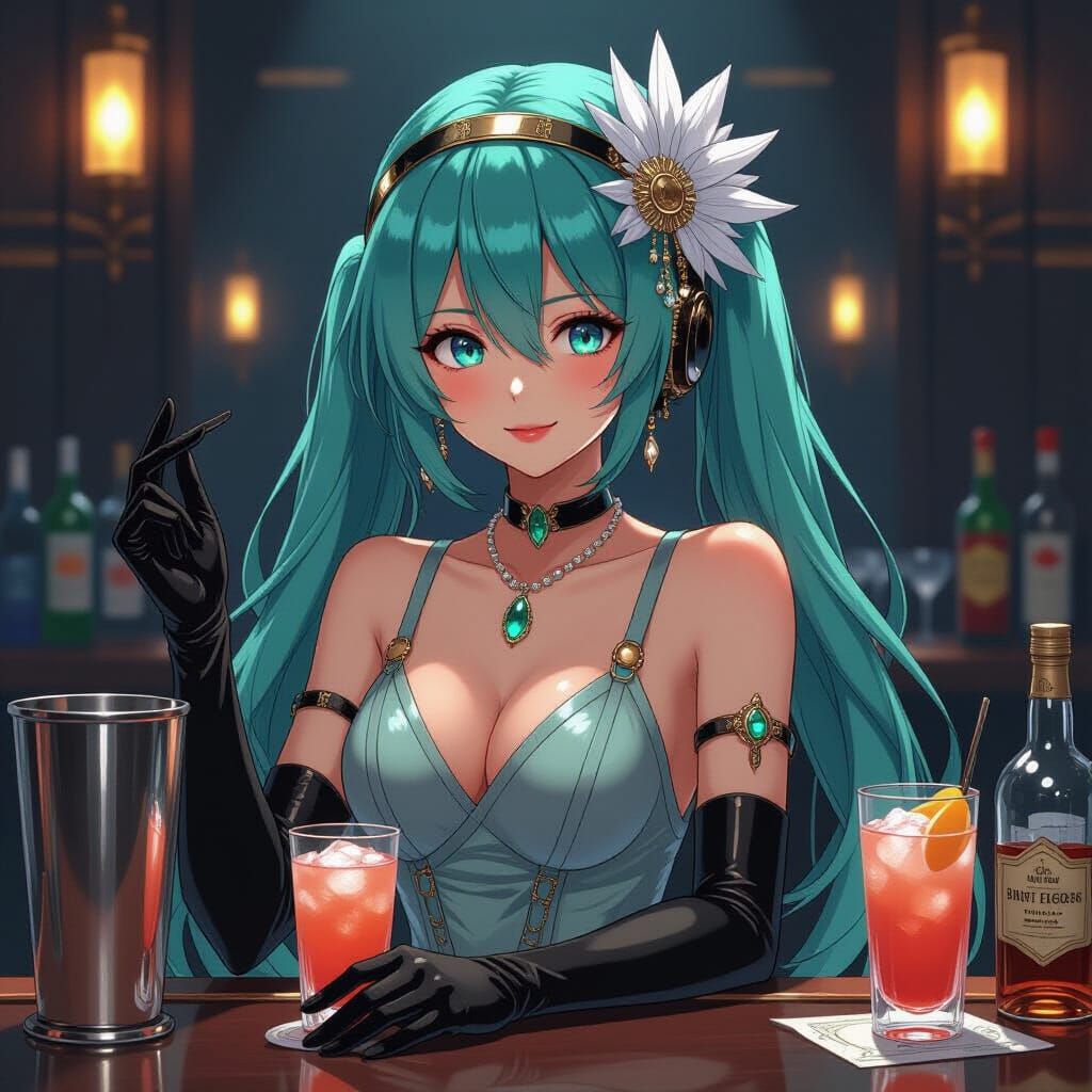 Hatsune Miku Bartender in Art Deco Cyberpunk Style
