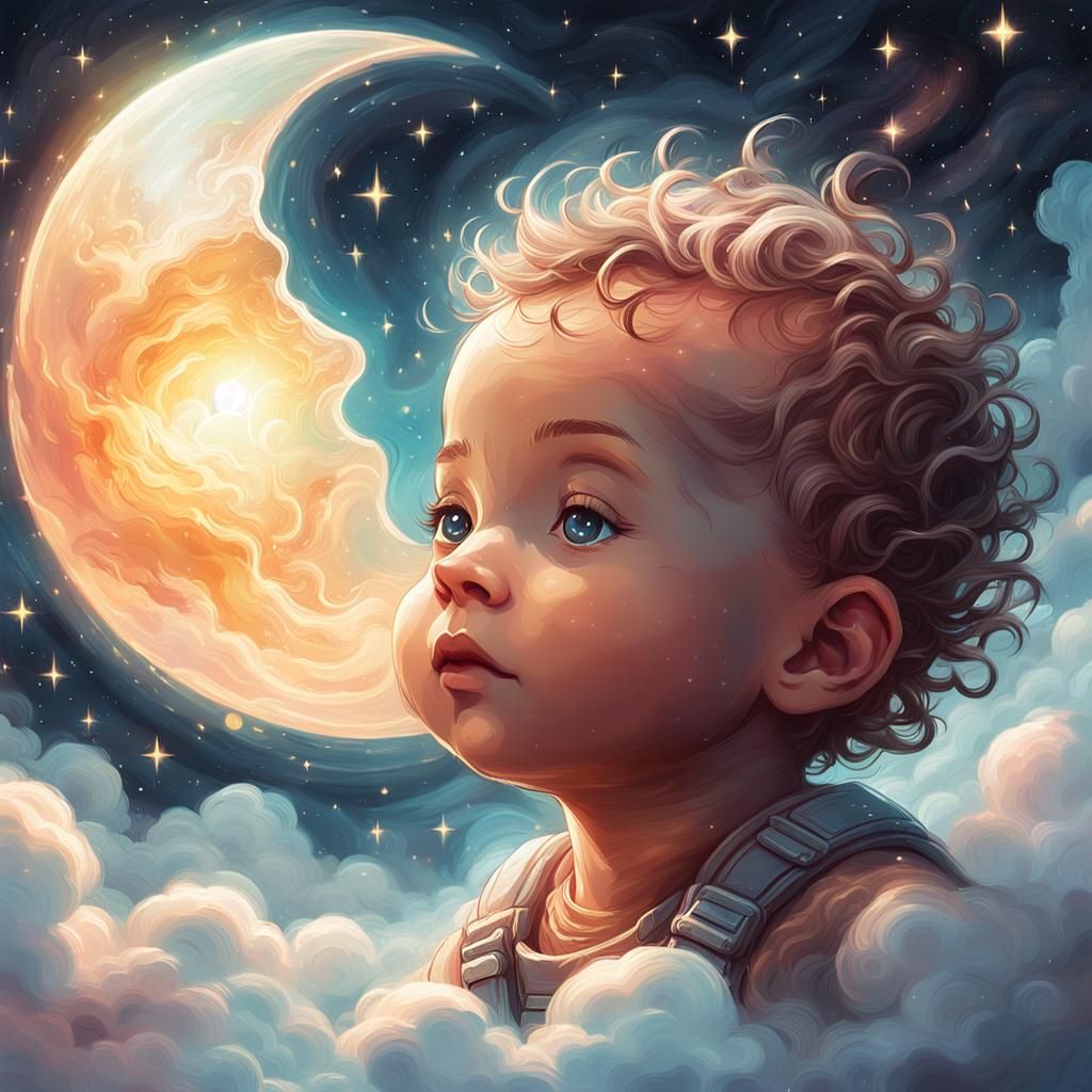 Baby with Moon in Galactic Sky: Dreamy Concept Art