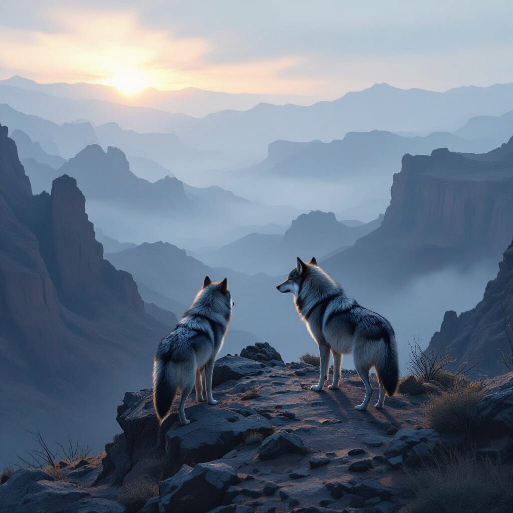 Grey Wolves Overlook Desert in Hyperrealistic Matte Painting