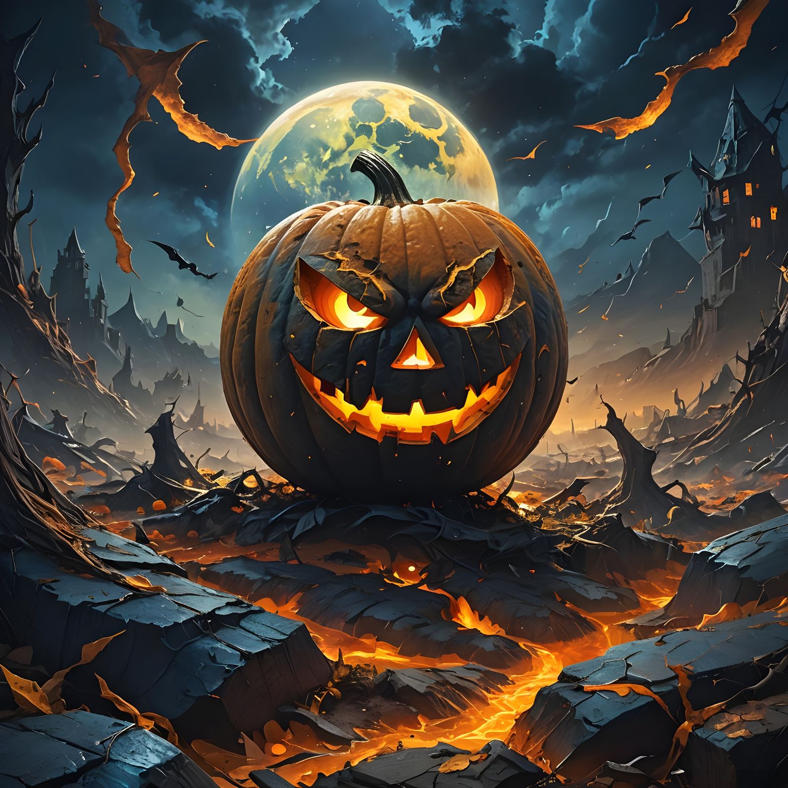 Fanged Jack-O-Lantern Moon Gobbling Earth: Impasto Painting