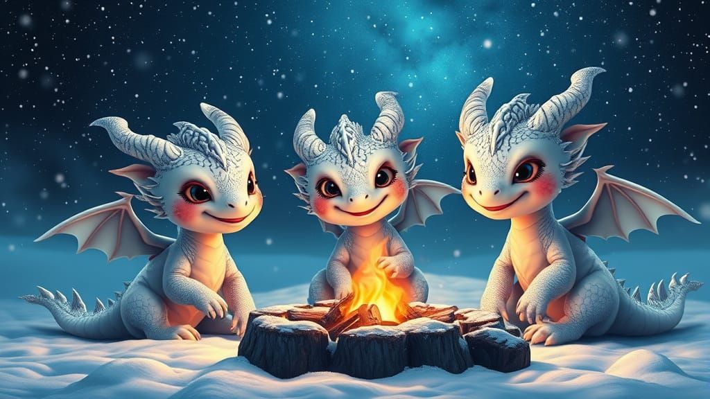 Magical Starlit Campfire Scene with Adorable Baby White Drag...