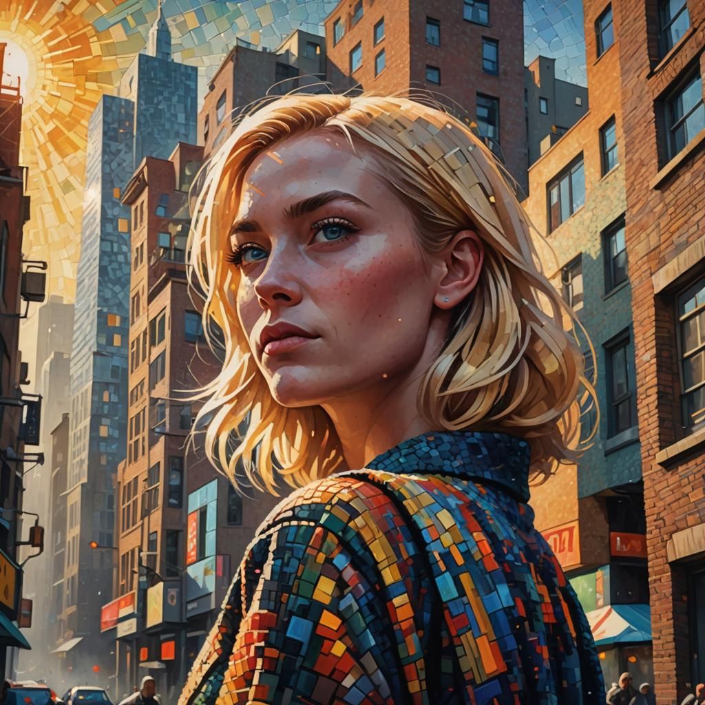 Pointillist Portrait in Cubist Cityscape