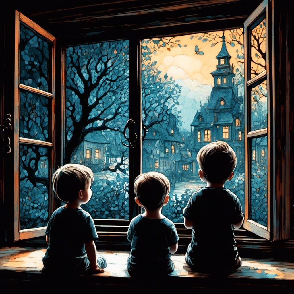 Toddler Siblings Await Father in Ink Splash Art