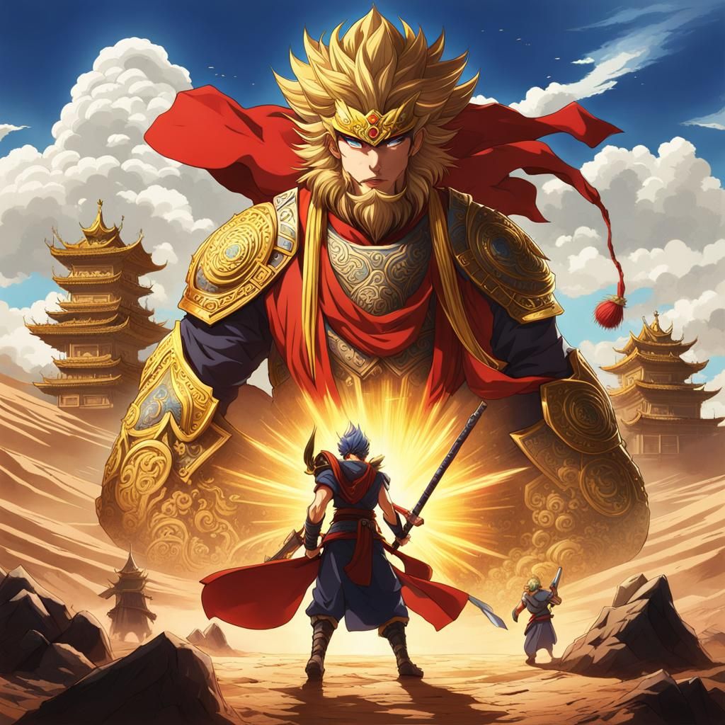 Sun Wukong's Birth: Anime-Style Desert Monolith
