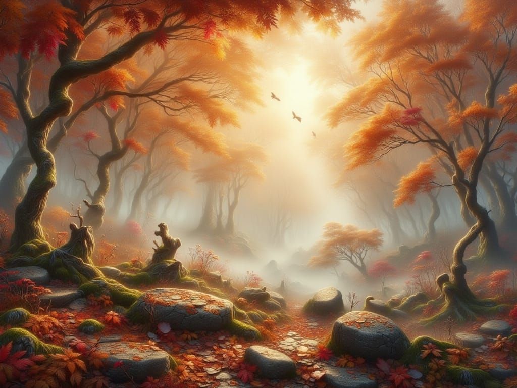 Mystical Autumn Forest at Dawn in Ethereal Mist