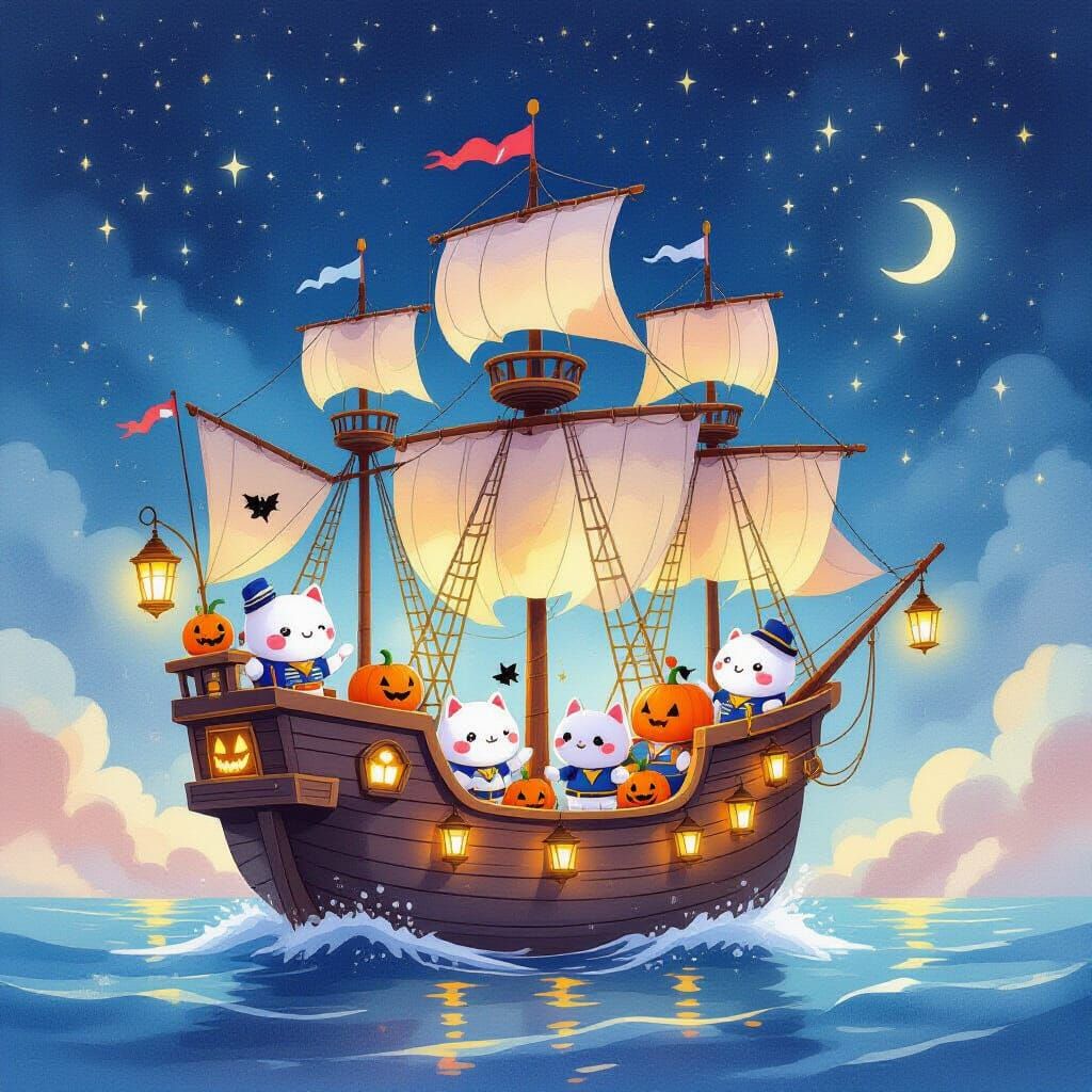 Whimsical Galleon Sails Starry Night Sky