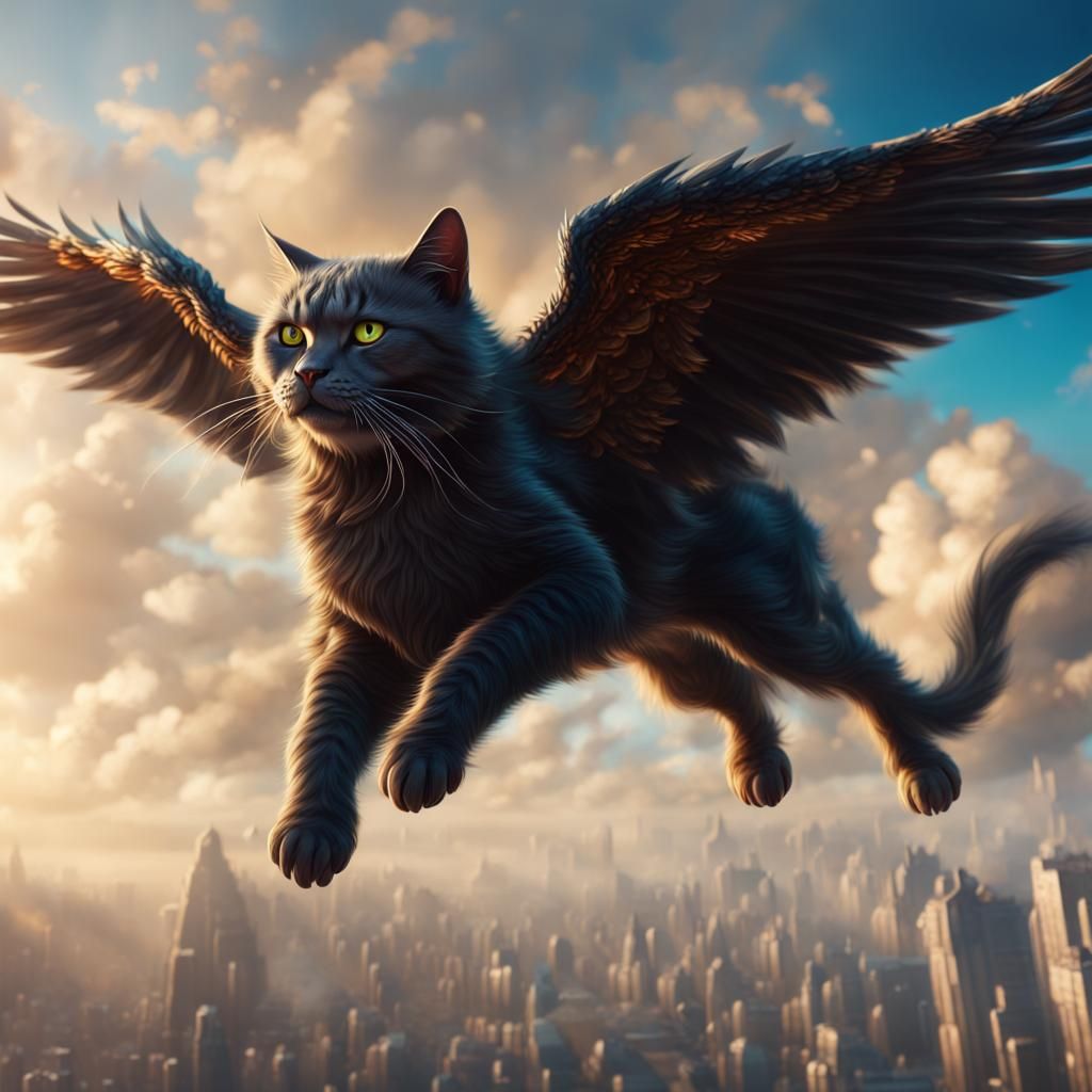 Giant Cat Flying in a Fantastical Sky