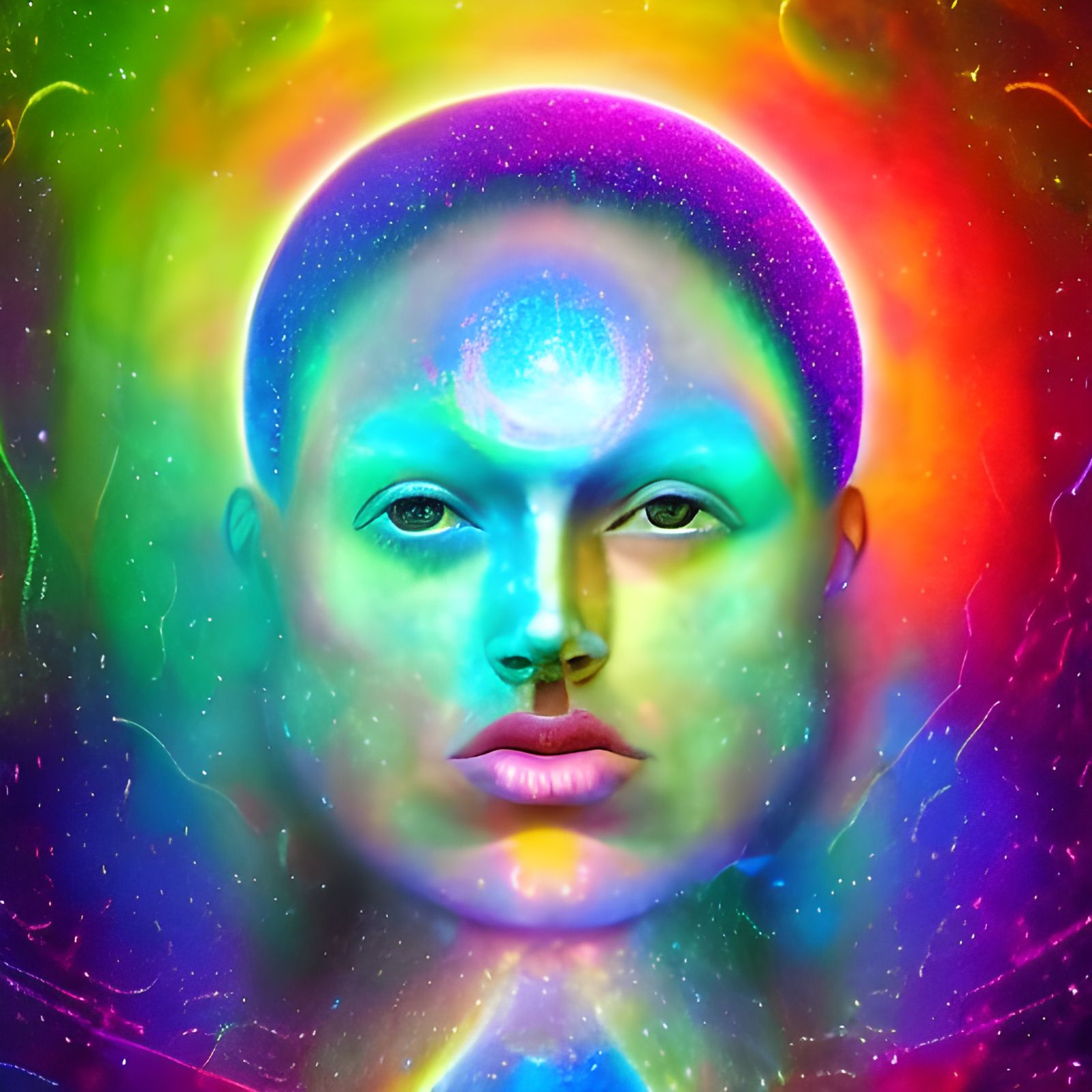 Astral Cosmic Moon: Holographic Mixed Media Illustration