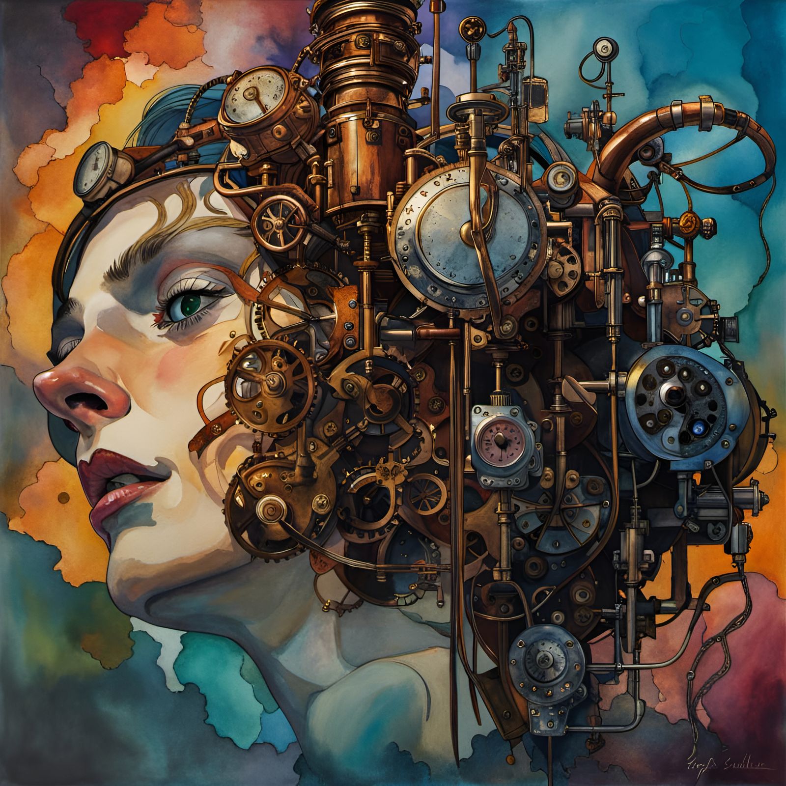 Steampunk Delirium: Hyperrealistic Digital Watercolor Art