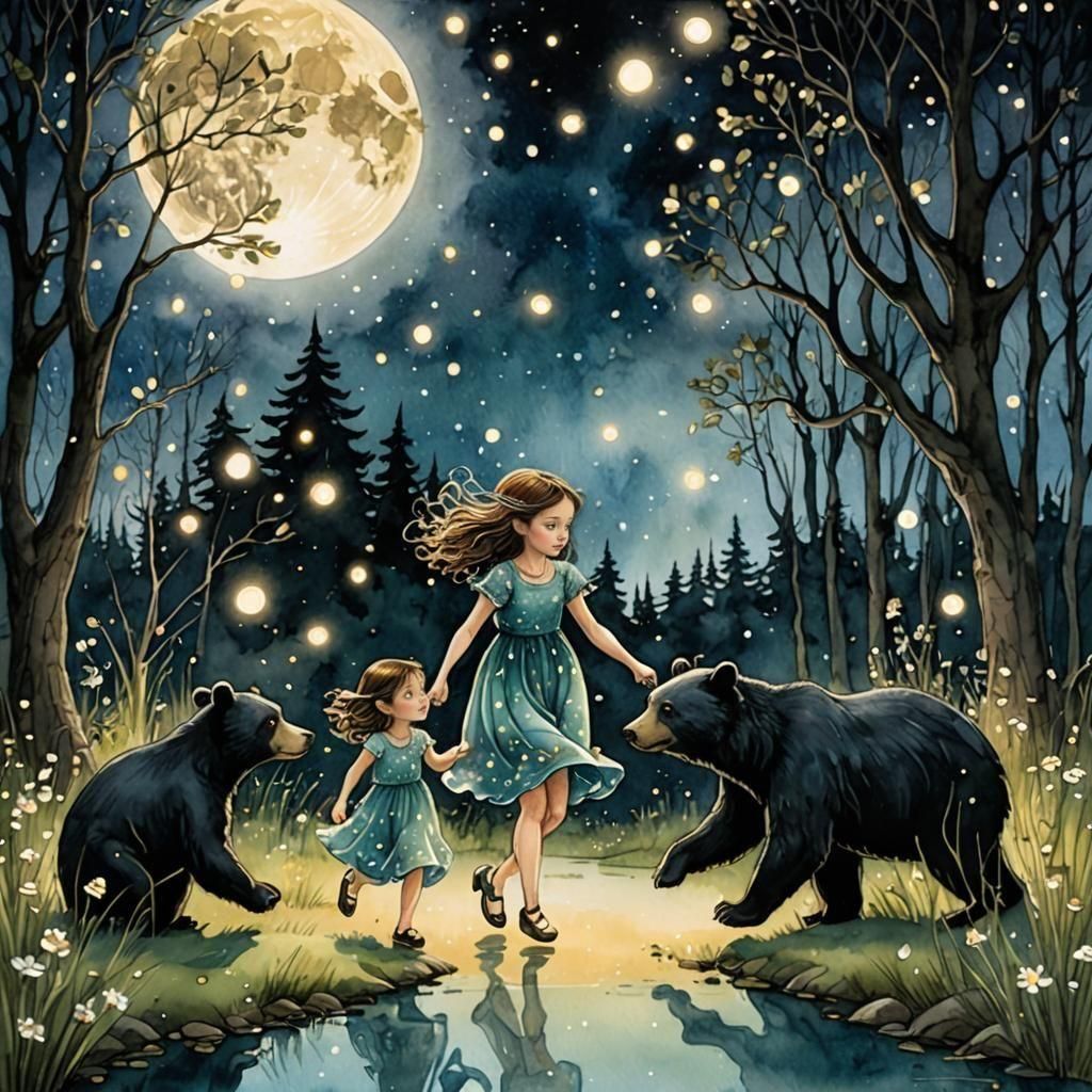 Fairytale Illustration of Girl Chasing Fireflies