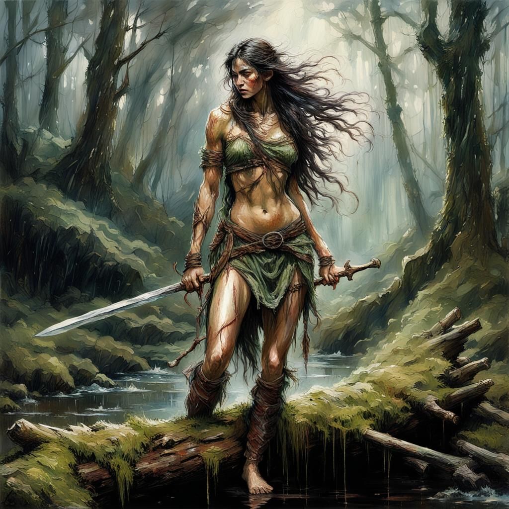 Amazon Warrior in Rain: Romantic Fantasy Art