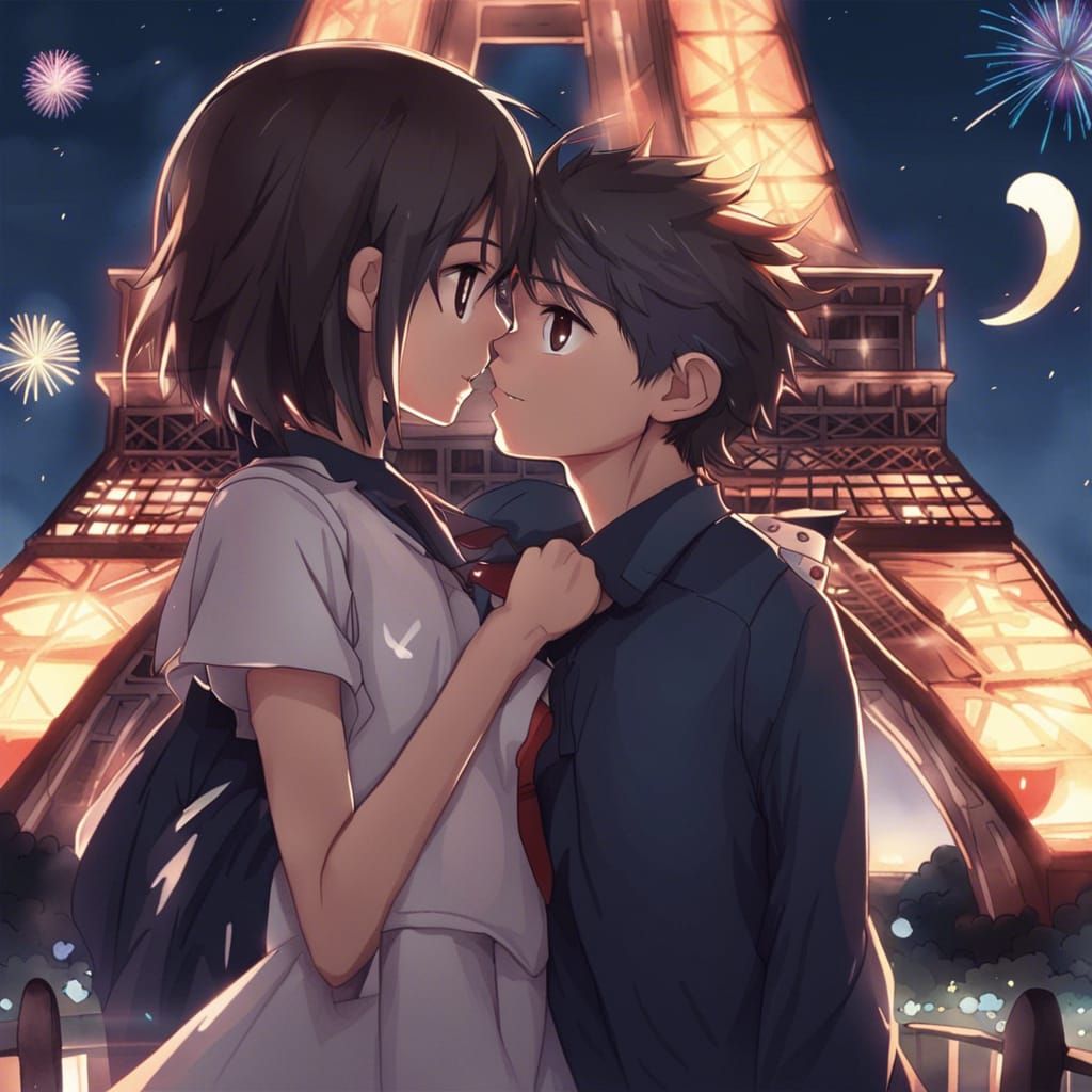 Anime Couple Gazing at Eiffel Tower Fireworks
