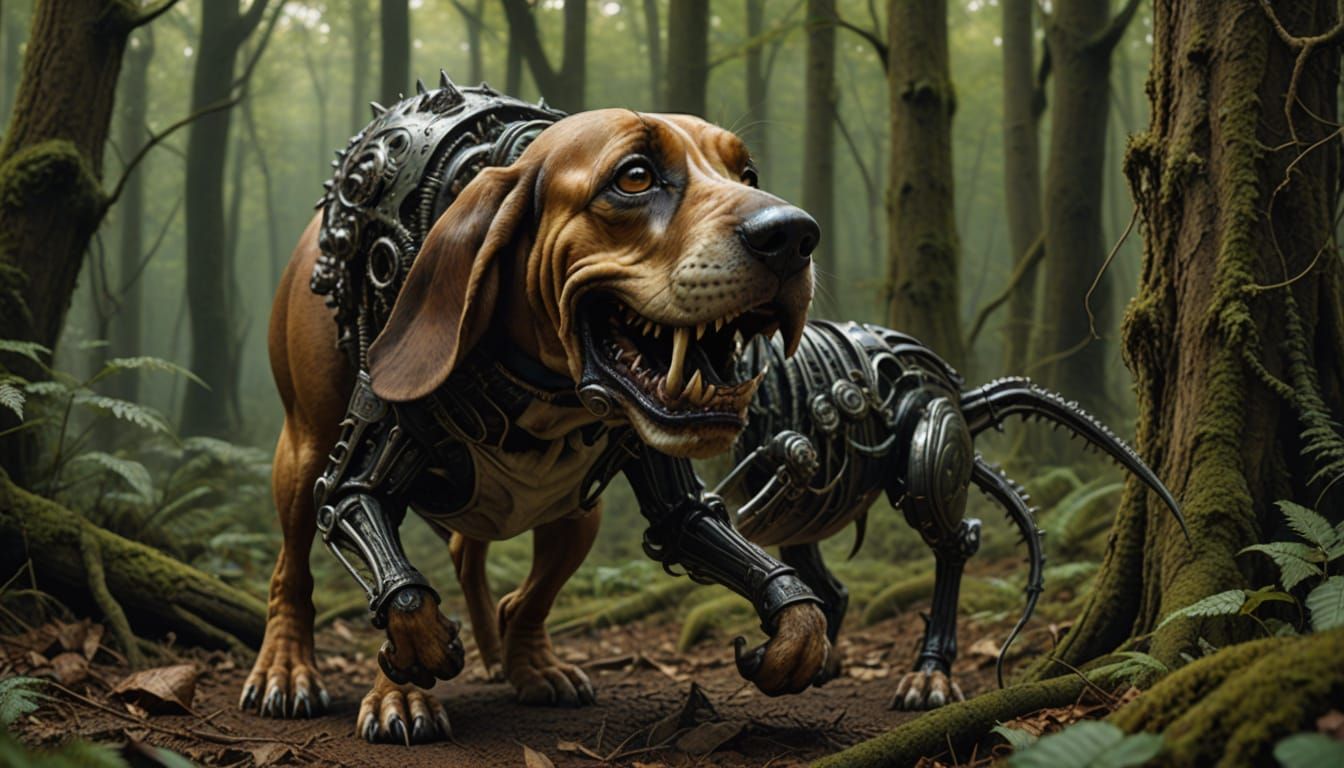 Basset Hound Retrieving Alien in Giger Style
