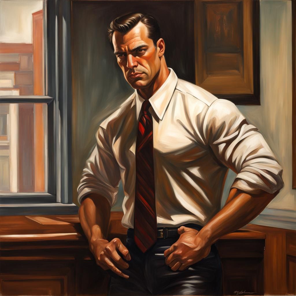 Handsome masculine very muscular man wearing a leather jacket, shirt and tie, detailed Edward Hopper mad men type painti...