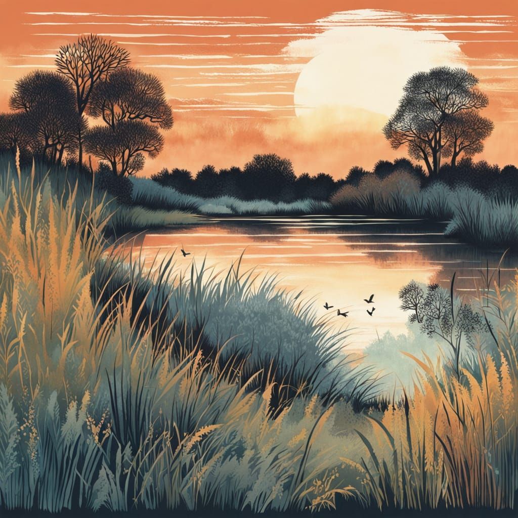 Landscape with Serene Lake and Vibrant Grasses at Golden Hou...