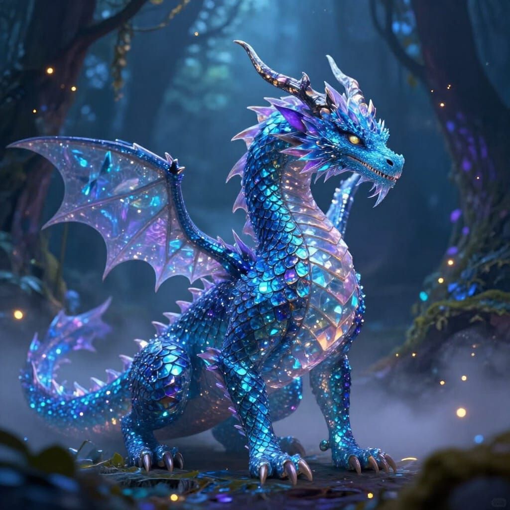 Enchanted Sapphire Dragon in Mystical Forest at Night