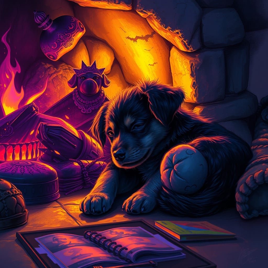 Sleeping Puppy by Fireplace in Alcohol Ink Style