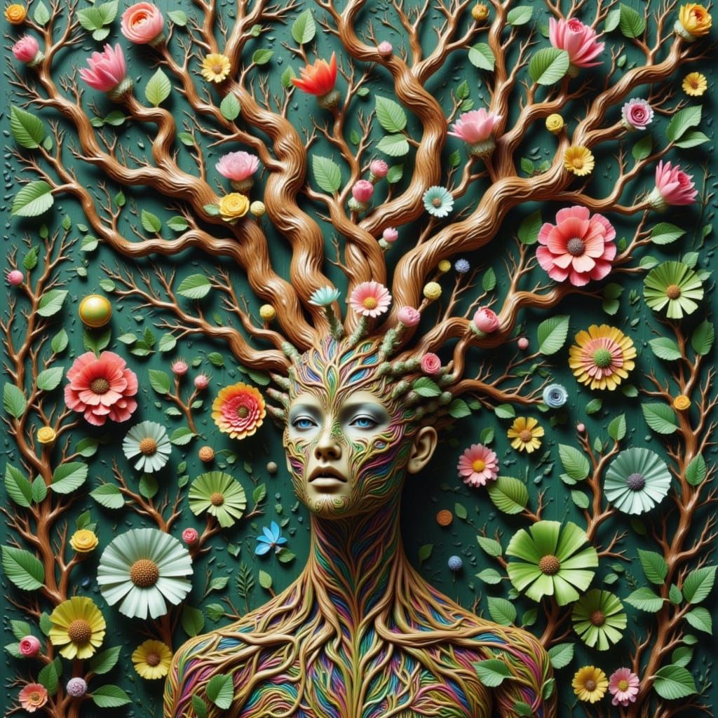 <lora:Zeste Hybrid Root:1.0> Surreal Forest tree goddess with twisty roots and branches growing from her head like wild ...