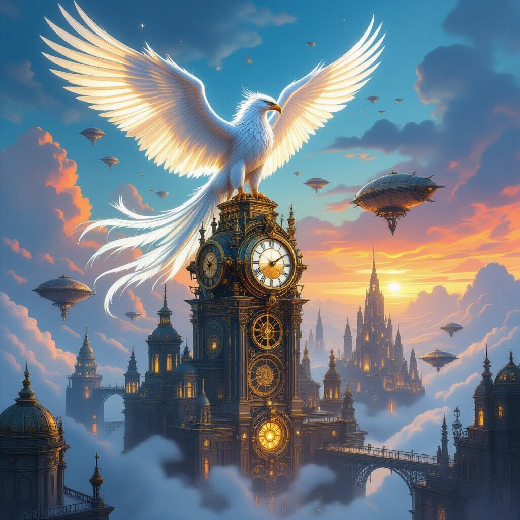 Griffin Perched on Clockwork Tower Above Steampunk City