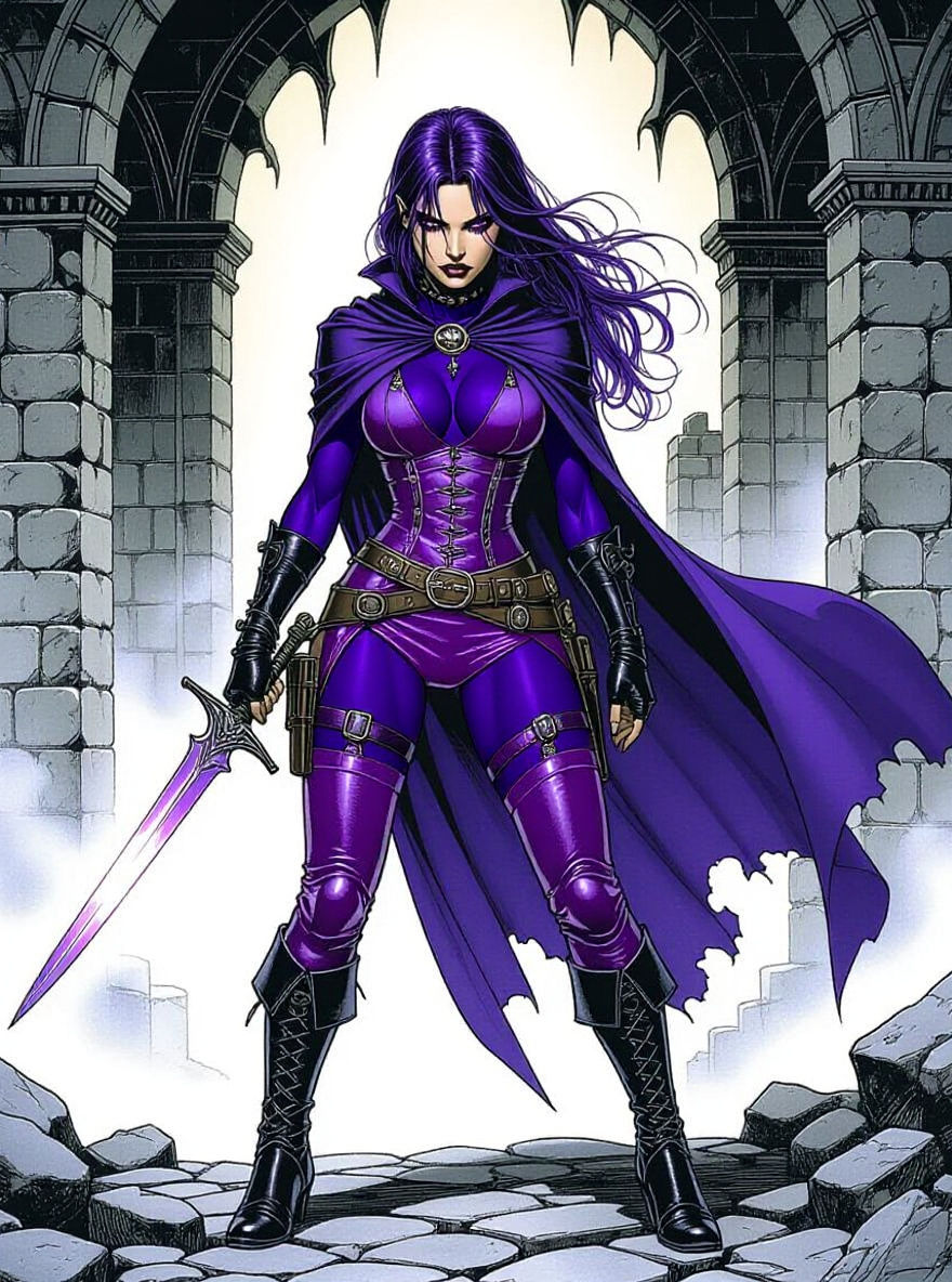 Female Rogue Battles Demons: Pen and Ink Style