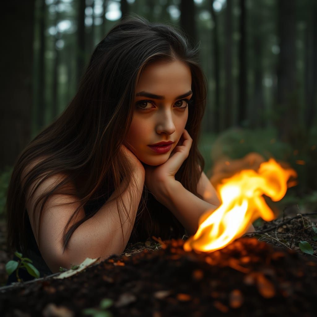 Beautiful Woman in Forest with Smoldering Meteorite