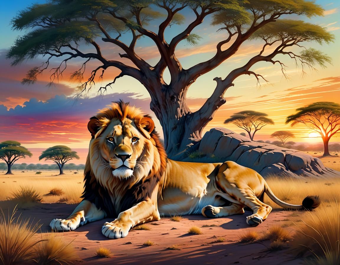 Lion in Dreamlike Savannah Landscape