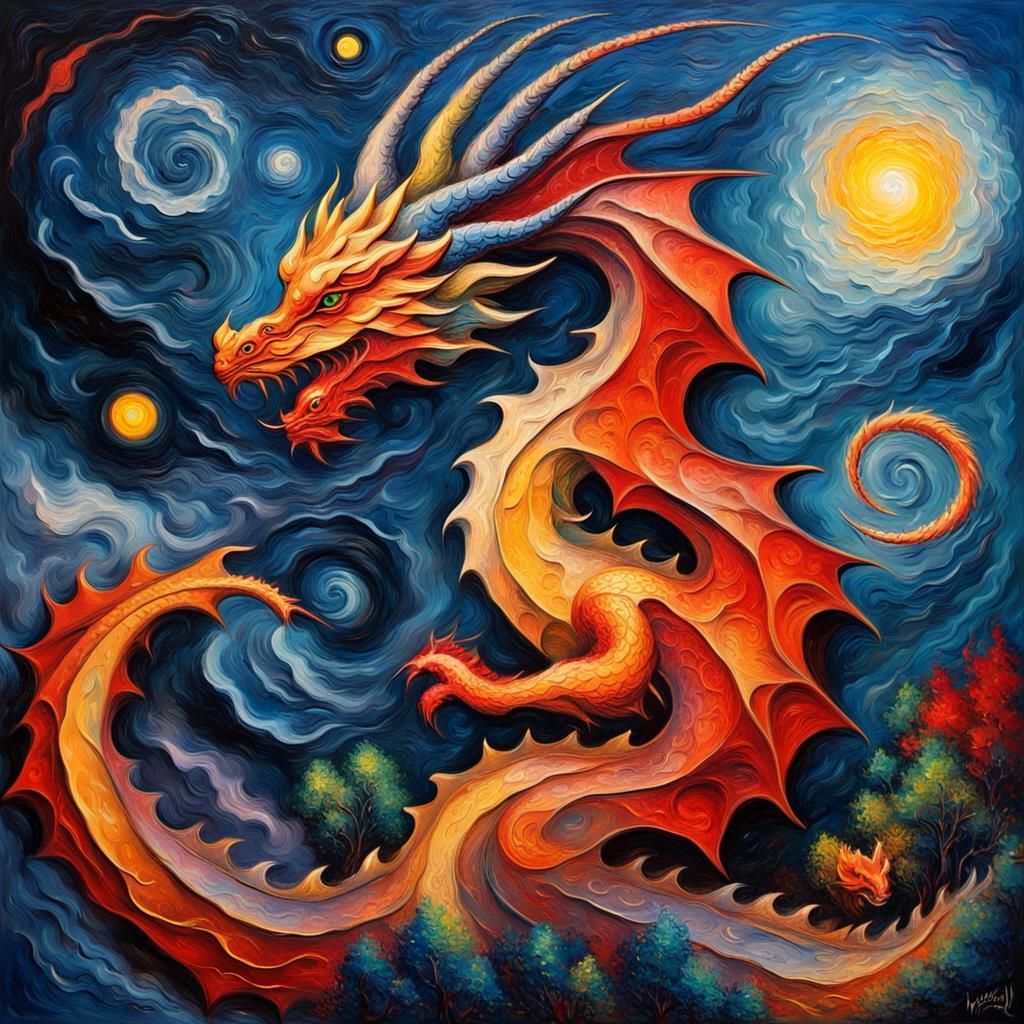 Dragon in Windstorm: Vivid Impasto Oil Painting
