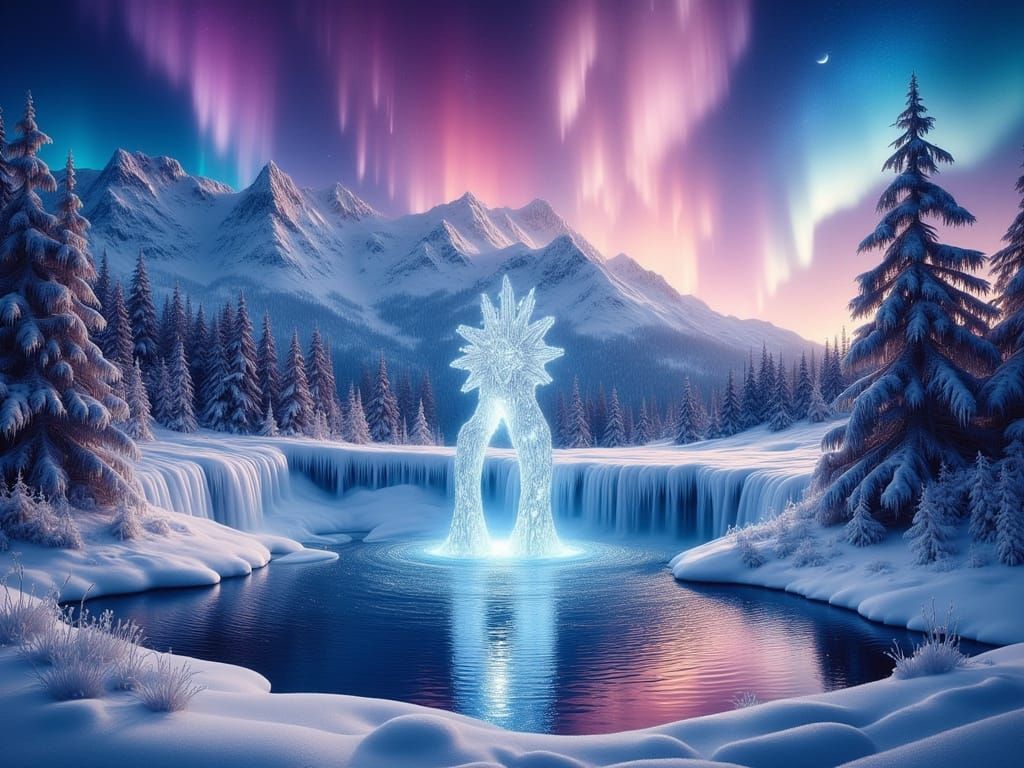 Snowy Mountains Aurora Over Pond with Waterfall