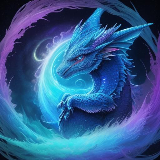 Furry Blue Dragon on a Cloud: Mixed Media Illustration