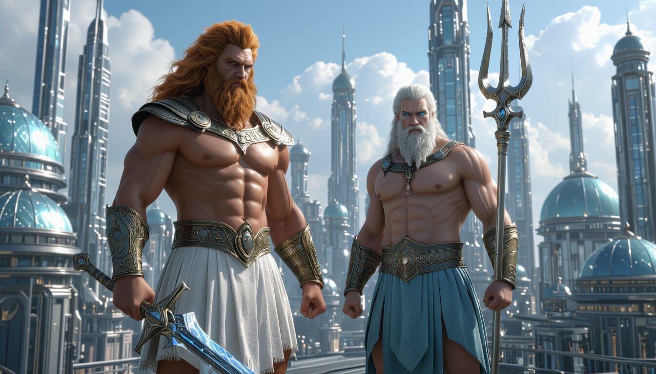 Zeus and Poseidon in a Futuristic City