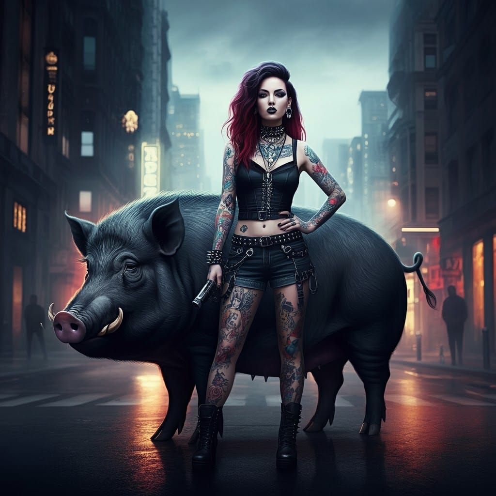Woman and Pig in Atmospheric Cityscape Digital Art
