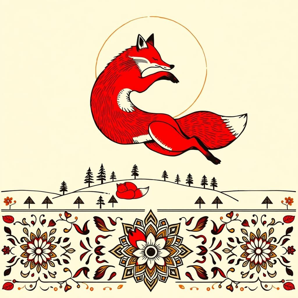 Vibrant Folk Art Red Fox in Mid-Air Leap with Ethereal Glow