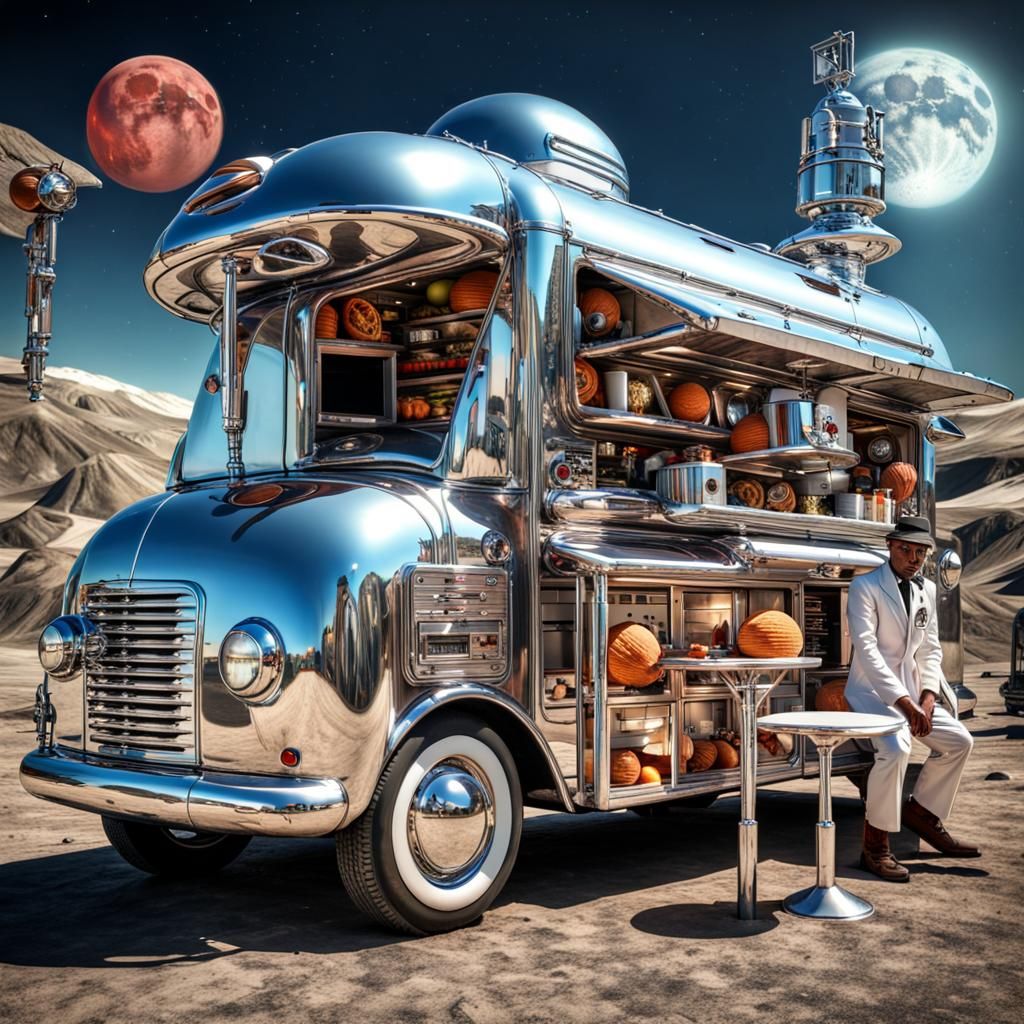 Retrofuturistic Steampunk Food Truck on the Moon