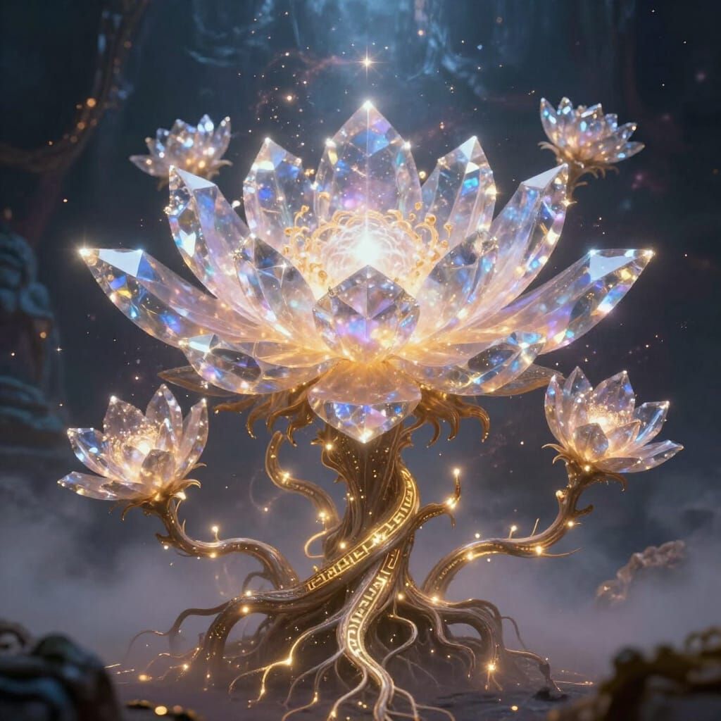 Mythical Flowers with Crystalline Petals and Cosmic Energy