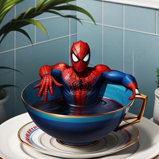 Spiderman bathing inside a fancy teacup