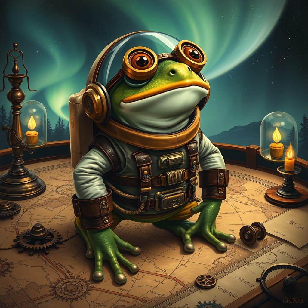 Steampunk Frog Astronaut in Oil Painting Style