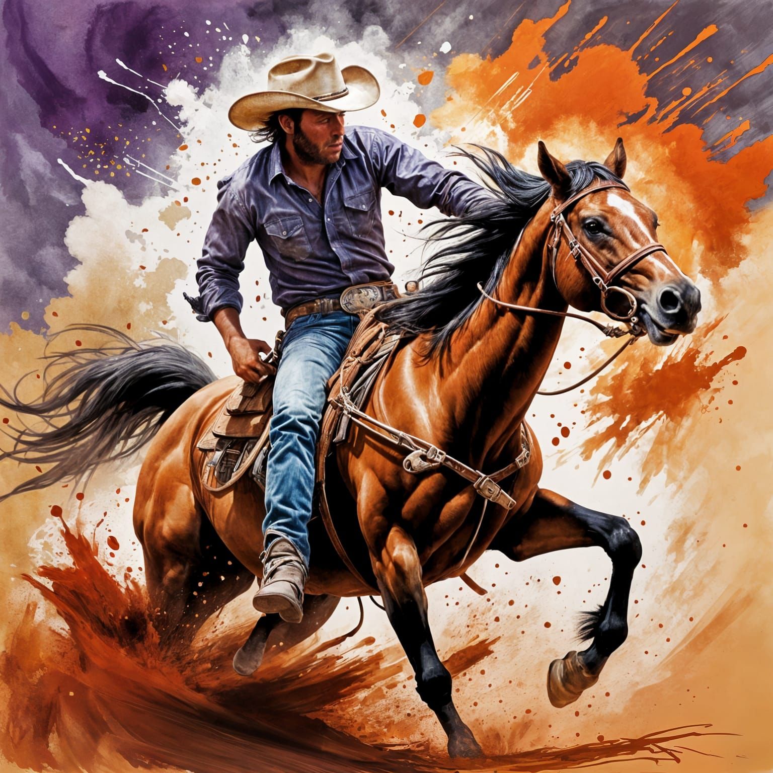 Cowboy Rides Bronco in Airbrush Impasto Illustration