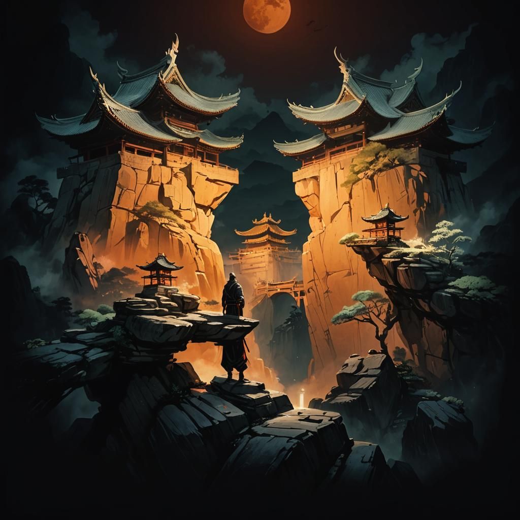 Ninja at Shaolin Temple Under Moonlight