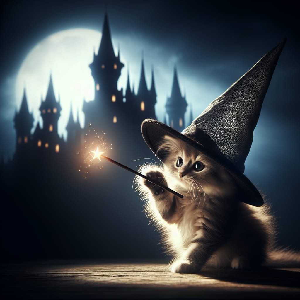 Wizard Kitten Casting a Spell Near Shadowed Castle
