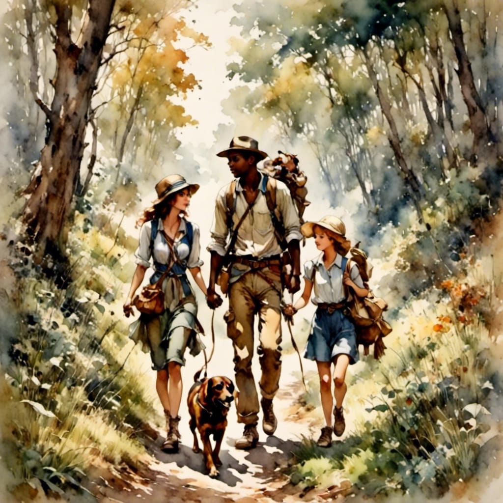 Enchanting Forest Adventure: Sketch of Couple with Dog