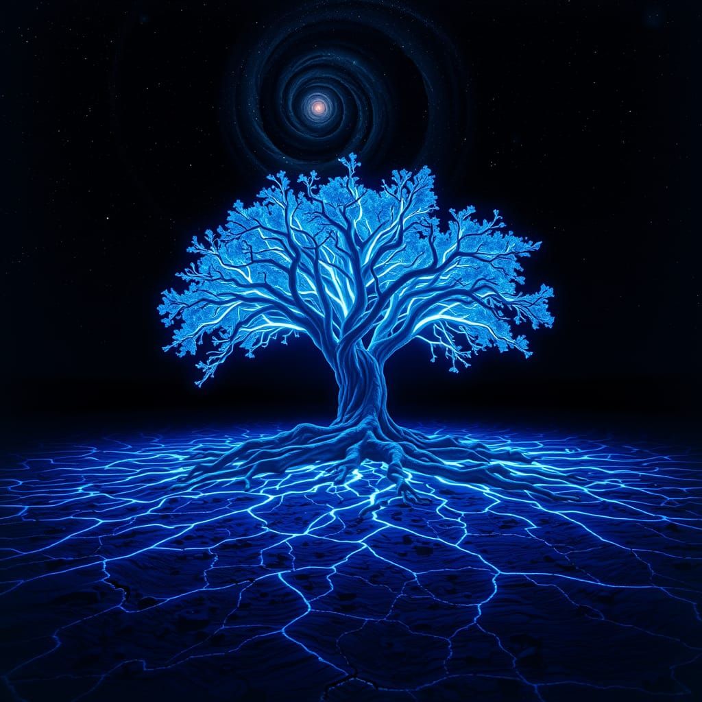 Neon Tree in Starry Desert Night, Synthwave Style