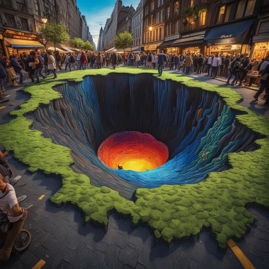A 3D chalk art street drawing of a sinkhole