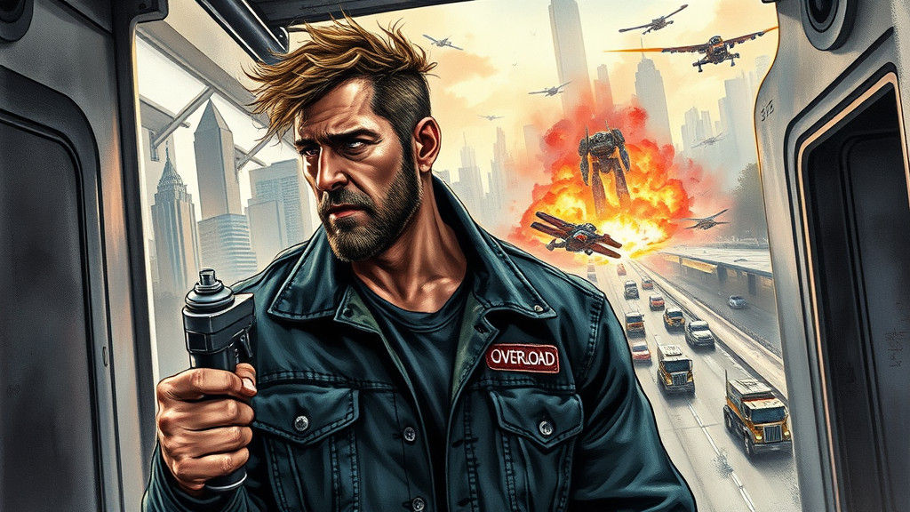 Sci-Fi Trucker Emerges into Sunlit Cityscape Watercolor