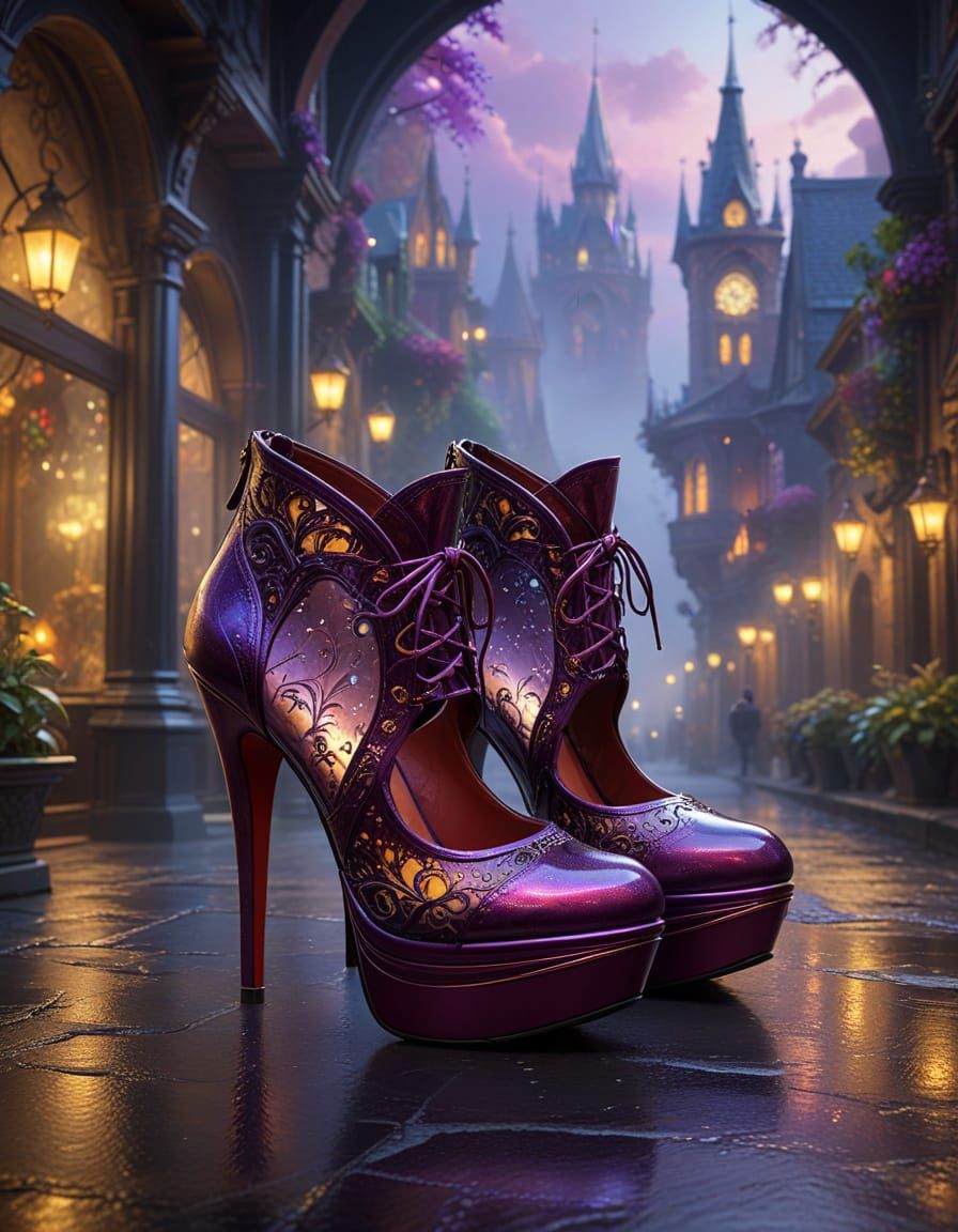 The image prominently features a pair of striking red stiletto platform high heels, showcasing their bold design and glo...