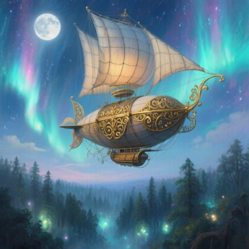 Antique Airship Navigates Aurora Skies Over Enchanted Forest